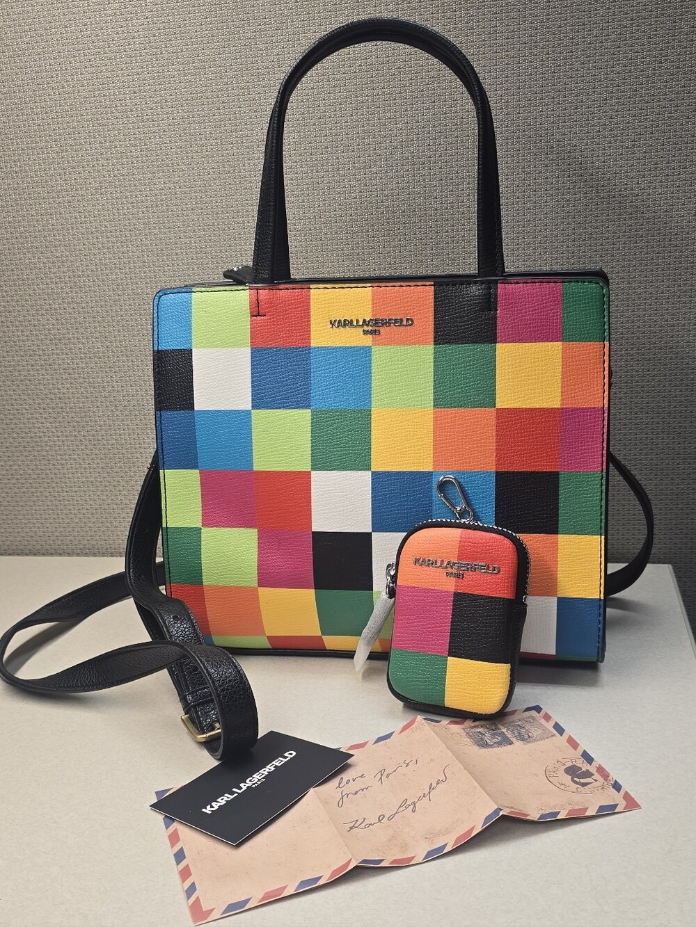 Karl Lagerfeld Maybelle Satchel NWOT Rainbow Checker Print Mini Coin Purse Bag